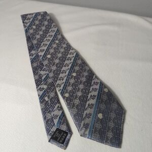 Versace 100% Silk Men's Tie  Blue And Gray Geometric Pattern With Floral‎ Motifs